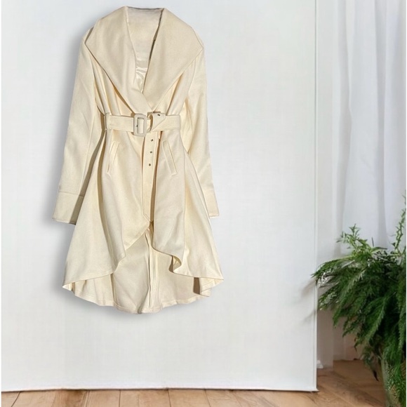 Women's Collared High-Low Woolen Wrap Coat with Detatchable Belt - Ivory - L - Picture 2 of 13